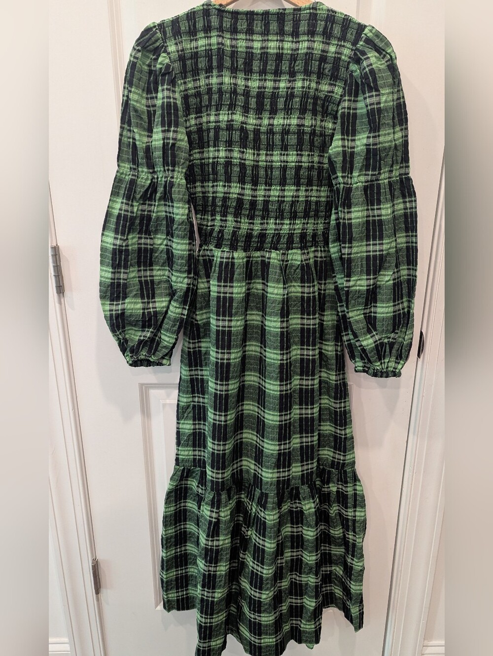 Ganni Green Black Plaid Smocked Maxi Dress Size 34 Cotton Europe Summer Long - Picture 7 of 10